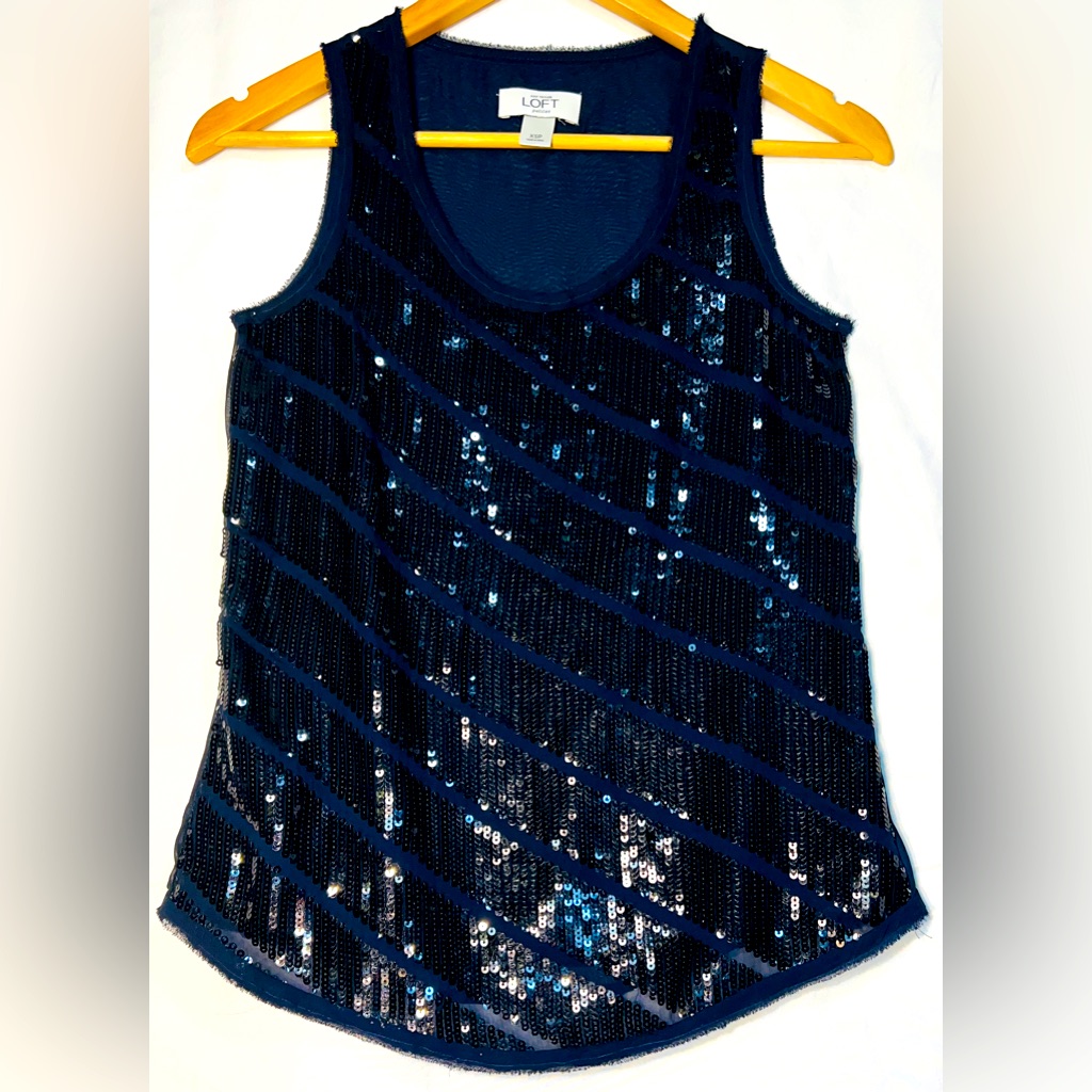 Loft Navy Blue Sequin Chiffon Tank Top Size Xsp